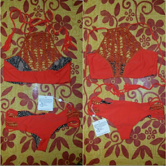 New acacia set hibiscus panama pikake bikini red S - Picture 3 of 4